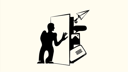Illustration of a figure opening a door full of images representing brand and UX